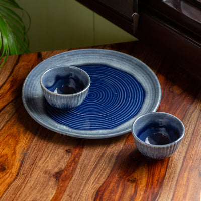 Sapphire Swirl' Hand Glazed Studio Pottery Dinner Plate With Katoris In Ceramic (3 Pieces | Serving For 1 | Microwave Safe)