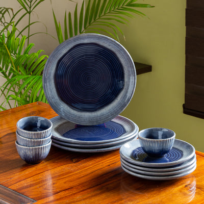 Sapphire Swirl' Hand Glazed Studio Pottery Dinner Plates | Side/Quarter Plates & Katoris In Ceramic (12 Pieces | Serving for 4 | Microwave Safe)