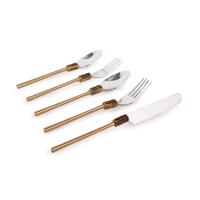 'Riveting Enigma' Hand-Crafted Table Cutlery Set In Stainless Steel & Brass (Set of 5)