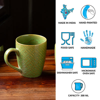 Moroccan Pistachio' Hand Glazed & Embossed Coffee Mug In Ceramic (300 ML | Microwave Safe)