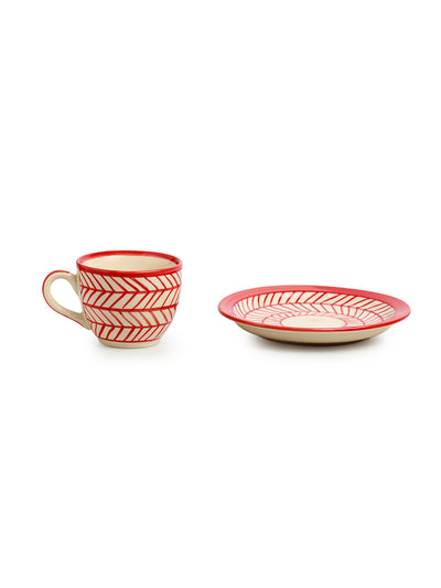 Red Chevrons' Hand-Painted Ceramic Tea Cups With Saucers (Set of 6 | 160ML | Microwave Safe)
