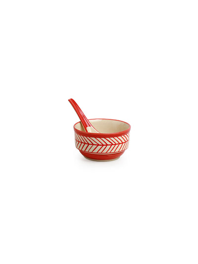 Red Chevrons' Handcrafted Ceramic Soup Bowls With Spoons (Set of 2 | 250 ML | Microwave Safe)