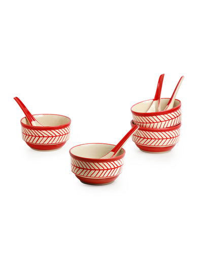 Red Chevrons' Handcrafted Ceramic Soup Bowls With Spoons (Set of 4 | 250 ML | Microwave Safe)