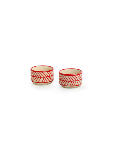 Red Chevrons' Hand-Painted Ceramic Dinner Bowls/Katoris (Set of 2 | 60 ML | Microwave Safe)