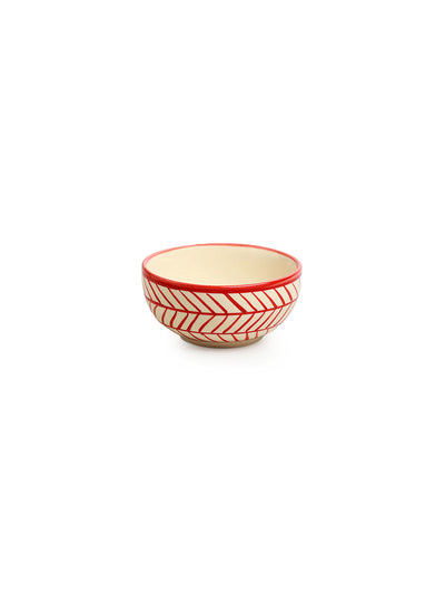 Red Chevrons' Hand-Painted Ceramic Dinner Bowls/Katoris (Set of 4 | 200 ML | Microwave Safe)