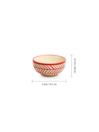 Red Chevrons' Hand-Painted Ceramic Dinner Bowls/Katoris (Set of 4 | 200 ML | Microwave Safe)