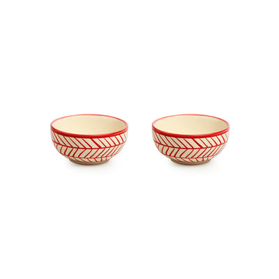 Red Chevrons' Hand-Painted Ceramic Dinner Plate With Dinner Katoris (3 Pieces | Serving for 1 | Microwave Safe)