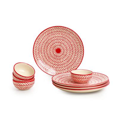 Red Chevrons' Hand-Painted Ceramic Dinner Plates With Dinner Katoris (8 Pieces | Serving for 4 | Microwave Safe)