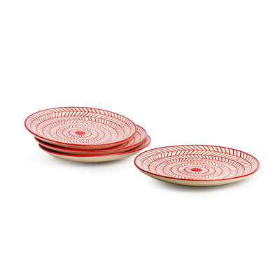 Red Chevrons' Hand-Painted Ceramic Dinner Plates With Dinner Katoris (8 Pieces | Serving for 4 | Microwave Safe)