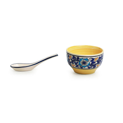 Badamwari Bagheecha' Hand-Painted Ceramic Soup Bowls With Spoons (Set of 2 | 380 ML | Microwave Safe)