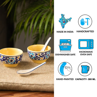 Badamwari Bagheecha' Hand-Painted Ceramic Soup Bowls With Spoons (Set of 2 | 380 ML | Microwave Safe)