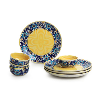 Badamwari Bagheecha' Hand-Painted Ceramic Dinner Plates With Katoris (8 Pieces | Serving for 4 | Microwave Safe)