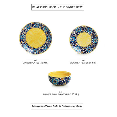 Badamwari Bagheecha' Hand-Painted Ceramic Dinner & Side/Quarter Plates With Dinner Katoris (12 Pieces | Serving for 4 | Microwave Safe)