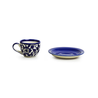 Badamwari Bagheecha-2' Hand-painted Ceramic Tea Cups & Saucers Set (Set of 6 | 120 ML | Microwave Safe)