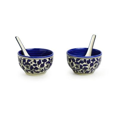 Badamwari Bagheecha-2' Hand-painted Ceramic Soup Bowls With Spoons (Set of 2 | 380 ML | Microwave Safe)