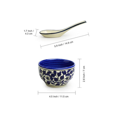 Badamwari Bagheecha-2' Hand-painted Ceramic Soup Bowls With Spoons (Set of 4 | 380 ML | Microwave Safe)