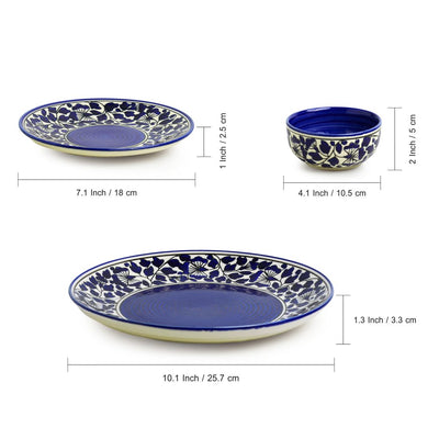 Badamwari Bagheecha-2' Hand-painted Ceramic Dinner Plates With Side/Quarter Plates & Dinner Katoris (12 Pieces | Serving for 4 | Microwave Safe)