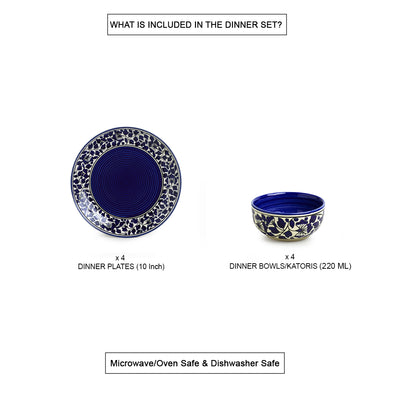 Badamwari Bagheecha-2' Hand-painted Ceramic Dinner Plates With Dinner Katoris (8 Pieces | Serving for 4 | Microwave Safe)