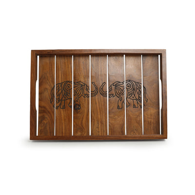'Ethereal Elephants' Hand-Carved Serving Tray In Sheesham Wood