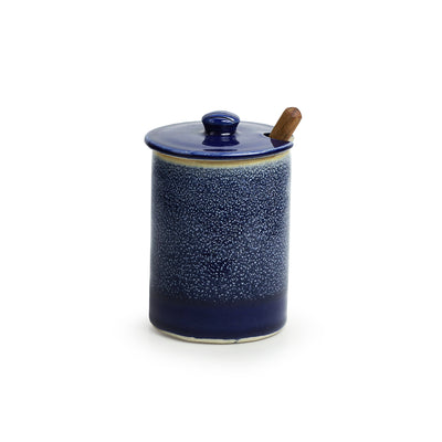 'Tangy Blues' Studio Pottery Ceramic Pickle & Jam Jar With Spoon