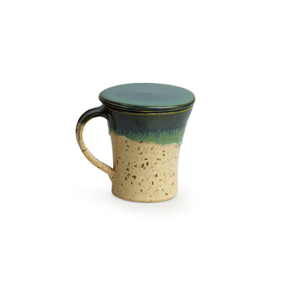 Morning Sips' Handcrafted Studio Pottery Green Tea Filter Mug (Handcrafted | Studio Pottery | Turquoise Blue & Creamish White)