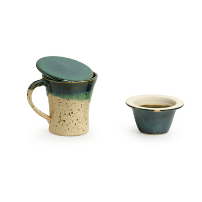 Morning Sips' Handcrafted Studio Pottery Green Tea Filter Mug (Handcrafted | Studio Pottery | Turquoise Blue & Creamish White)
