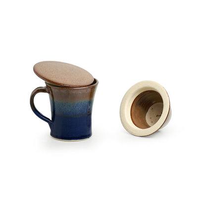 Morning Musts' Handcrafted Studio Pottery Green Tea Filter Mug (Handcrafted | Studio Pottery | Light Brown & Navy Blue)