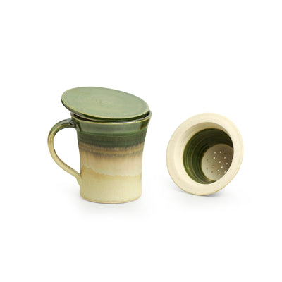 Tea Tales' Handcrafted Studio Pottery Green Tea Filter Mug (Handcrafted | Studio Pottery | Fern Green & Cream)