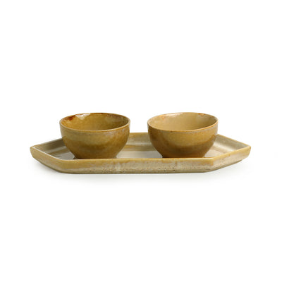 Cascading Creams' Hand-Glazed Serving Bowls With Tray In Stoneware (Set of 2 | 200 ML)