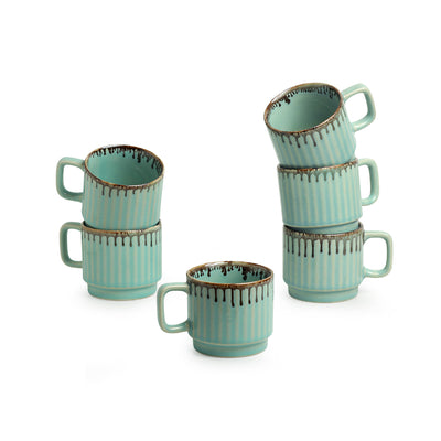 Coral Reef' Tea Cups In Ceramic (Set Of 6 | Hand Glazed Studio Pottery | Teal Green)
