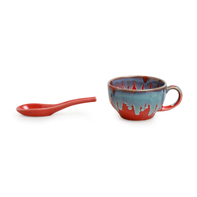 Coral Reef' Ceramic Handled Soup Bowls With Spoons (Set of 2 | 250 ML | Hand Glazed Studio Pottery | Microwave Safe)