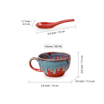 Coral Reef' Ceramic Handled Soup Bowls With Spoons (Set of 2 | 250 ML | Hand Glazed Studio Pottery | Microwave Safe)