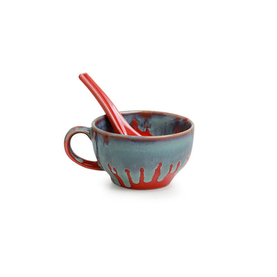 'Coral Reef' Ceramic Handled Soup Bowls With Spoons (Set of 4, 250 ML, Hand Glazed Studio Pottery, Microwave Safe)