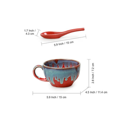 'Coral Reef' Ceramic Handled Soup Bowls With Spoons (Set of 4, 250 ML, Hand Glazed Studio Pottery, Microwave Safe)