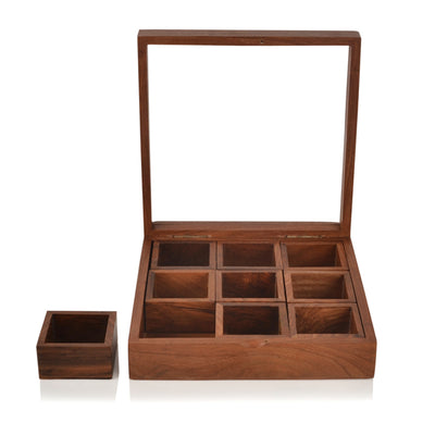 Sheesham Wood Square Spice Box With Spoon (9 Containers)
