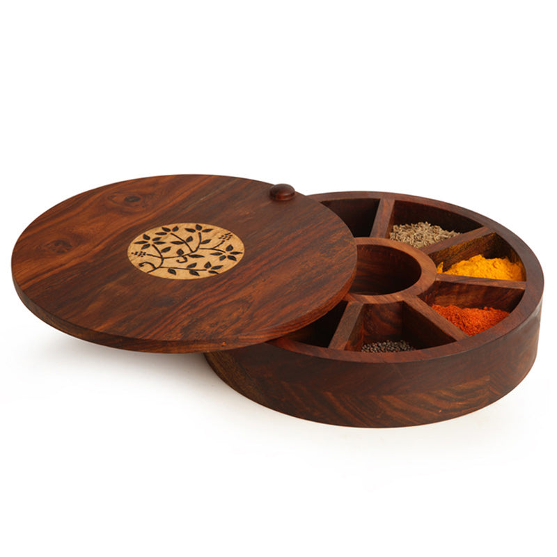 Sheesham Wood Circular Spice Box With Floral Work (9 Compartments)