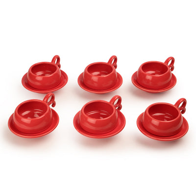 Studio Pottery Ceramic Cup & Saucer Set Of 6 In Red