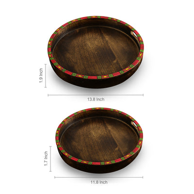 'Wonder-In Circles' Madhubani Hand-Painted Nested Wooden Trays (Set Of 2)