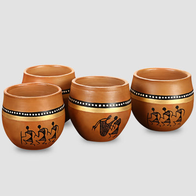 'New-Old World Charms' Warli Hand-Painted Kulhads In Terracotta (Set Of 4)