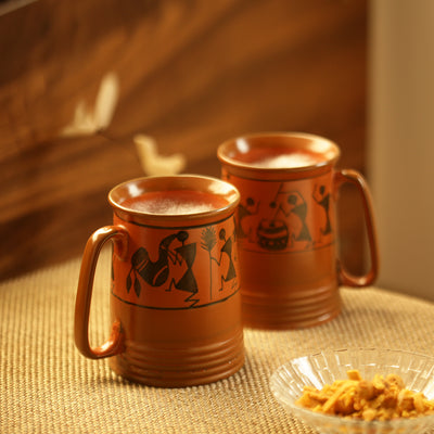 'Two To Tango' Warli Hand-Painted Beer & Milk Mugs In Ceramic (Set Of 2)