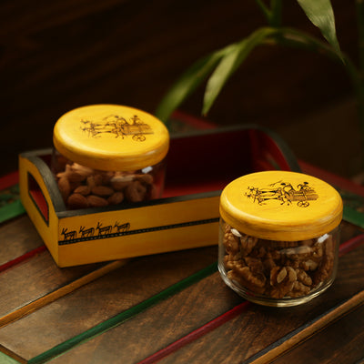 ‘Sunny Minimals’ Warli Hand-Painted Snacks Jar Set In Glass With Wooden Tray