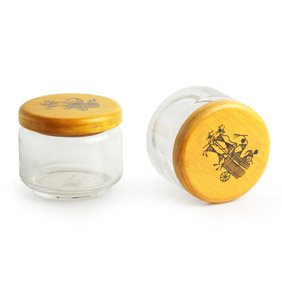 ‘Beaming Warli’ Hand-Painted Snacks Jar Set In Glass & Wood
