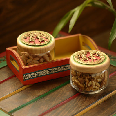 ‘The Tribe Vibe’ Dhokra Snacks Jar Set In Glass With Warli Hand-Painted Wooden Tray