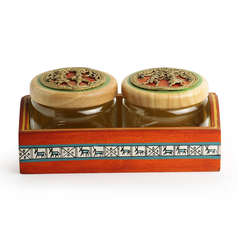 ‘The Tribe Vibe’ Dhokra Snacks Jar Set In Glass With Warli Hand-Painted Wooden Tray