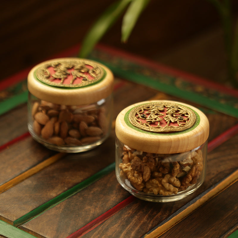 ‘Dhokra Delicacies’ Hand-Painted Snacks Jar Set In Glass & Wood