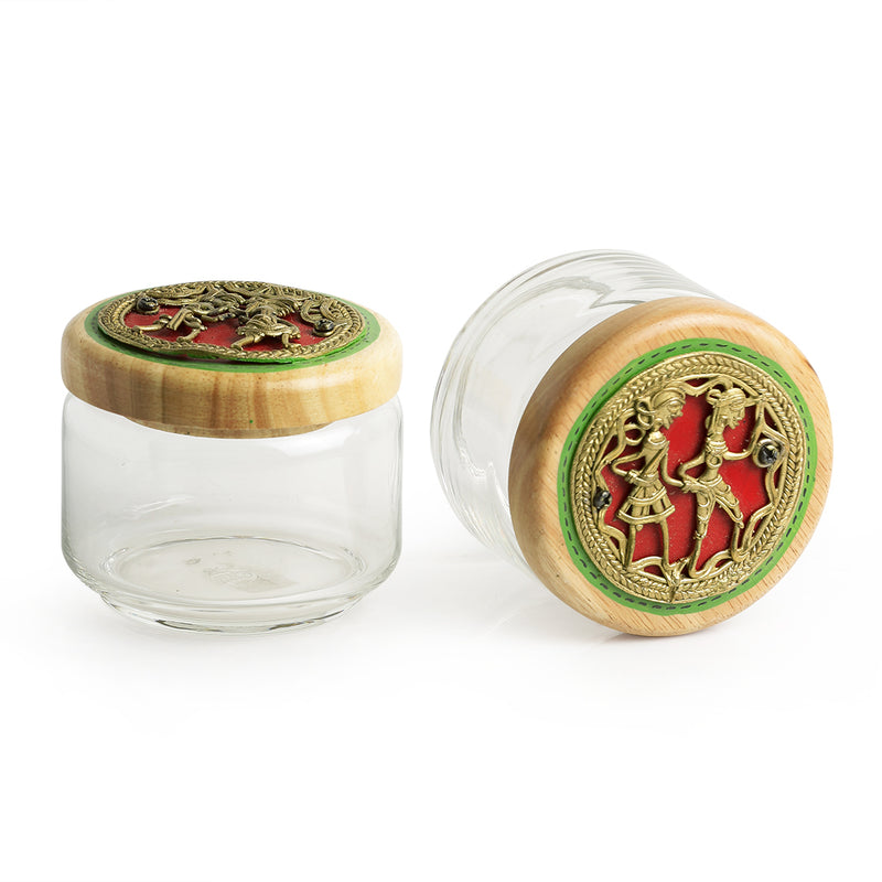 ‘Dhokra Delicacies’ Hand-Painted Snacks Jar Set In Glass & Wood