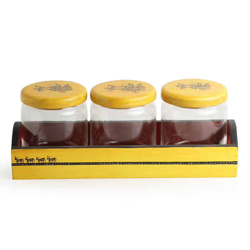 ‘Yellow Tripling’ Warli Hand-Painted Snacks Jar Set In Glass With Wooden Tray