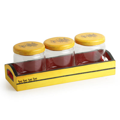 ‘Yellow Tripling’ Warli Hand-Painted Snacks Jar Set In Glass With Wooden Tray