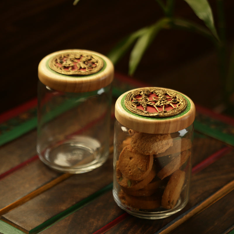 ‘Duals Of Dhokra’ Hand-Painted Snacks & Cookies Jar Set In Glass & Wood