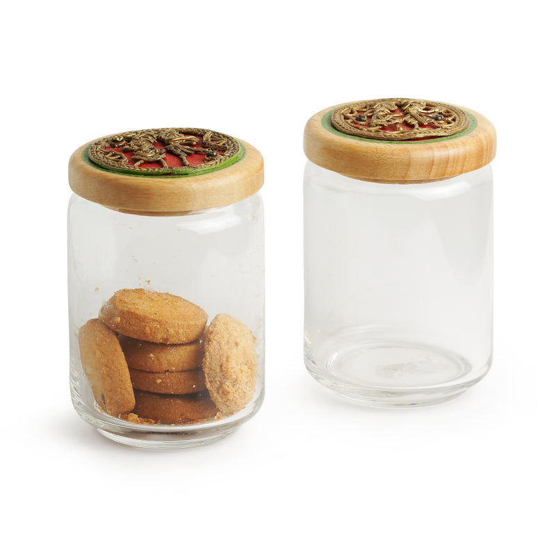 ‘Duals Of Dhokra’ Hand-Painted Snacks & Cookies Jar Set In Glass & Wood